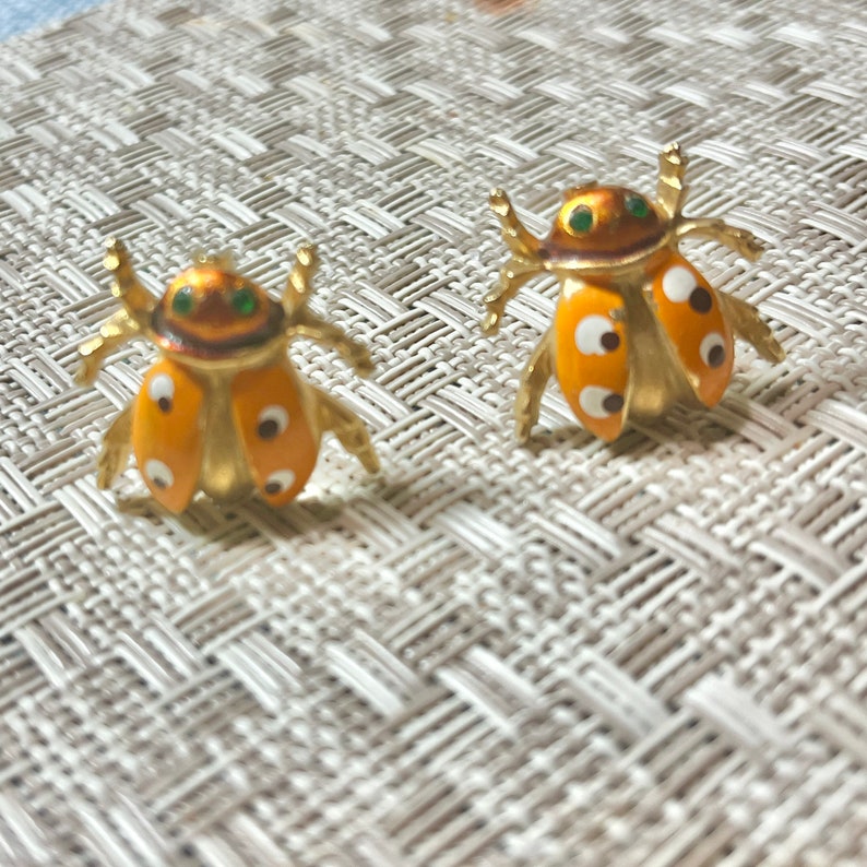 Scatter Pins Lady Bugs, Insects, Enamel Brooches, Set 2, Green Stones, Vintage image 4