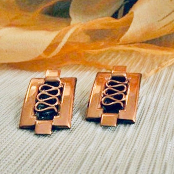 Copper Earrings, Modern Abstract, Art Deco, Clip … - image 4