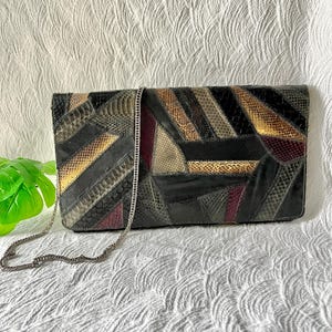 Cartera de mano de piel y reptil, piel de serpiente, correa de cadena opcional, bolso bandolera, forro de piel, estilo vintage de los años 70 y 80