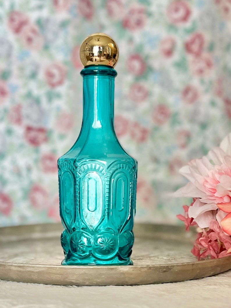Teal Blue Vintage Glass Bottle, Avon, Glass Collectible, Mid Century 1960s 1970s image 1