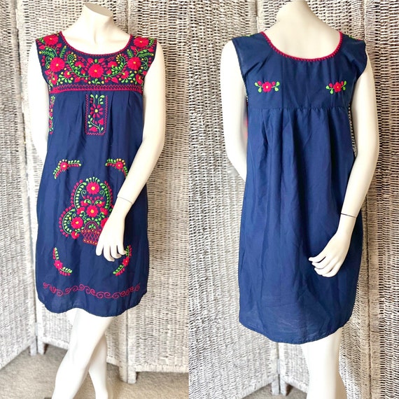 Mexican Embroidered Dress, Sleeveless, Dark Blue,… - image 4