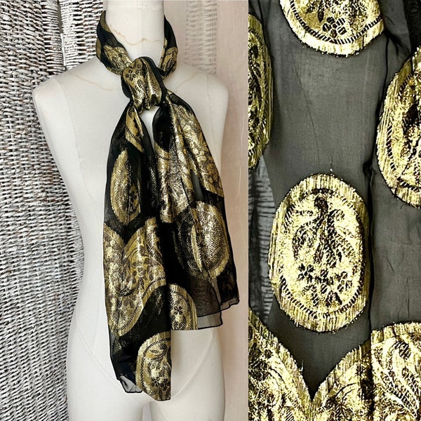 Sheer Metallic Scarf, Long, Gold Metallic Lurex, Deadstock Montgomery Wards, Vintage 70s 80s