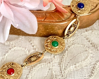 Vintage Links Statement Bracelet, Multi Cabochon, Matte Gold Tone, Ornate