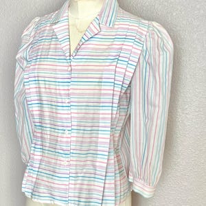 Pleat Front Blouse, Pastel Stripes, Button Down Top, Puff Sleeves, Vintage 70s 80s
