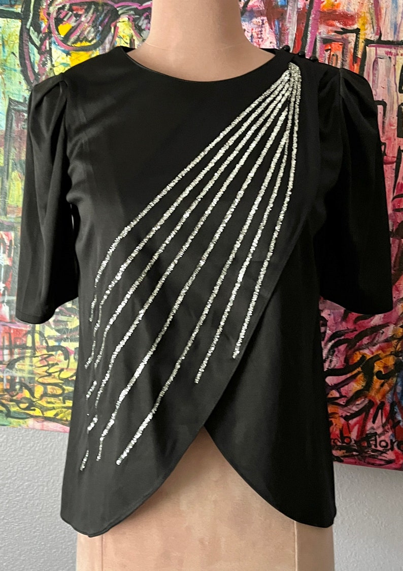 Sheer Silk Beaded Top, Black, Faux Pearl, Dangle Beads, Cocktail, Vintage image 1