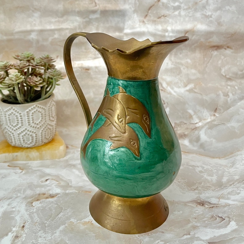 Enamel Brass Pitcher, Dolphins, Vase, Ewer, Artistic, Vintage Home Decor image 9