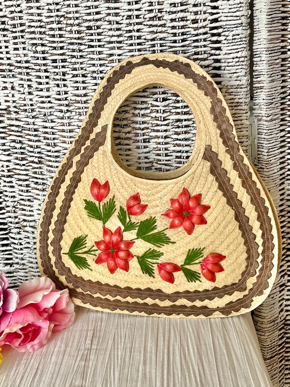 Woven Straw Raffia Purse, Floral, Vintage Handbag,