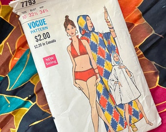 Vintage Vogue Sewing Pattern, 70s Caftans, Bikini Swimsuit, Kaftan with Hood, Hippie Boho, Complete with Instructions