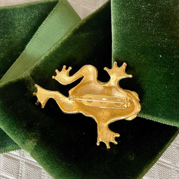 Vintage Frog Brooch, Sculptural Pin, Rhinestone C… - image 3
