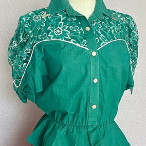 Vintage Western Top Blouse, Metal Collar Tips, Metallic Lace, Cut Out Lace, Peplum, Cowgirl Chic, 70s 80s image 7