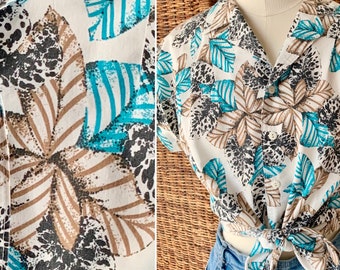 Vintage Button Down Top, Camp Shirt, Botanical Tropical Print, Blouse, Cotton Blend, 70s 80s