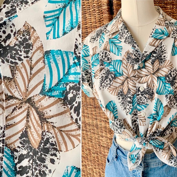 Vintage Button Down Top, Camp Shirt, Botanical Tr… - image 1