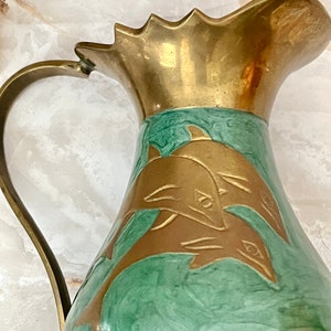 Enamel Brass Pitcher, Dolphins, Vase, Ewer, Artistic, Vintage Home Decor image 2