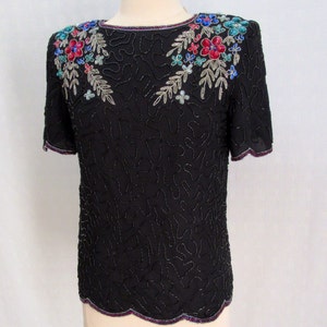 Beaded Top, Sequin Top, Vintage, Glitzy, Bright Multi on Black, Sequins, Scalloped Edge, Evening Cocktail, Night Out, Size S