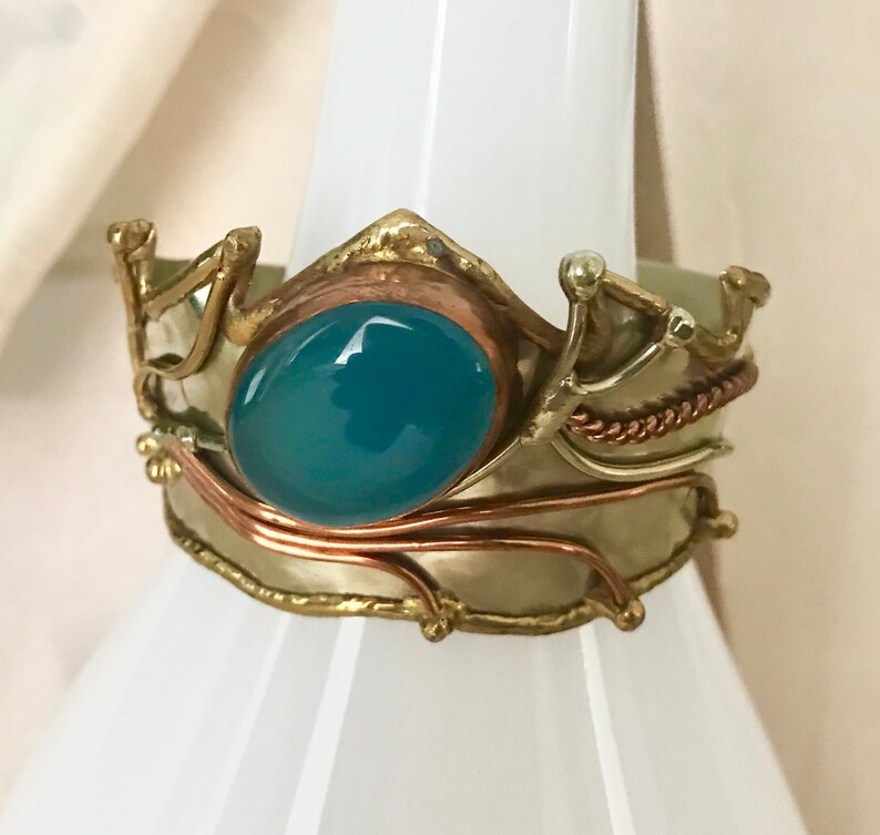 Vintage Copper Natural Stone Cabochon Brutalist Abstract Cuff Bracelet Adjustable Fit Brass