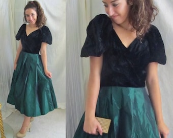 80s Pin Up Party Dress, Cocktail, Full Circle Skirt, Deep V, Velvet Taffeta, Rockabilly