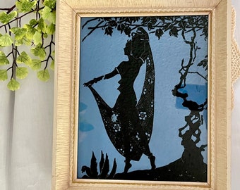 Mid Century Art, Silhouette Painting, Reverse Glass Painting, Framed, Vintage 50s 60s Decor, Wall Hanging