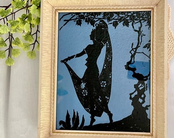 Vintage Silhouette Reverse Glass Painting: Mid-Century Framed Wall Art
