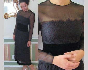 Black Lace Sheer Illusion Cocktail Dress, Velvet Cummerbund Trim, Sheer Overlay, Bill Blass