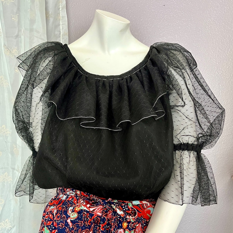 Fabulous Sheer Top, Statement Puff Sleeves, Silver Lurex Trim, Vintage Blouse, Peasant Style image 2