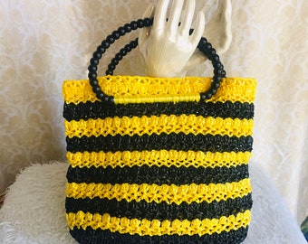 Raffia Purse, Bright Yellow Black, Handbag, Vegan, Vintage 60s