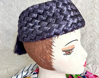 Raffia Pill Box Hat, Long Fringe Tassel, Fez Style, Navy Blue, Straw Hat, Vintage 60s