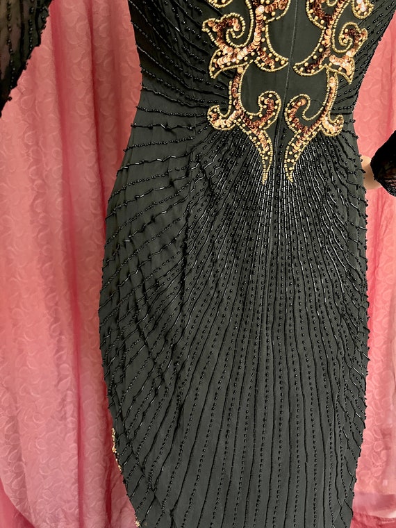 GLITZY Sequin Beaded Dress, Ornate, Sheer Sleeves… - image 4