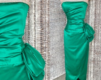 Emerald Green Strapless Bustier Dress, Matching Wrap Stole, Ruched, Rhinestones, Side Bow, Cocktail Evening, Vintage 80s Sexy