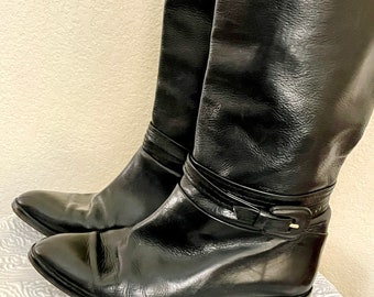 Black Leather Boots, Buckles, Low Heel, Equestrian Vibe, Made in Italy, Size 7 US