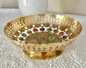 Vintage Cut Out Brass Bowl, Jewel Tones Enamel, Pedestal Base, Vintage Home Decor, Mid Century