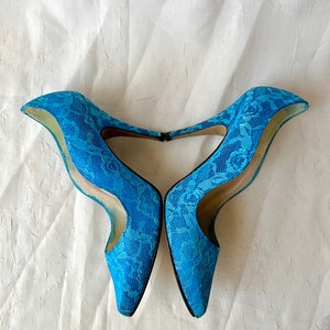 High Heels, Teal Blue Lace Overlay, Stilettos, Pointed Toe Shoes, Rockabilly Pin Up, Punk, Vintage 80s image 5