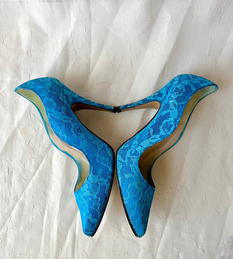 High Heels, Teal Blue Lace Overlay, Stilettos, Pointed Toe Shoes, Rockabilly Pin Up, Punk, Vintage 80s image 5