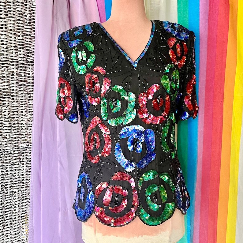 Beaded Sequin Top, Multi Beaded, Tapered Design, Cocktail, Evening, Vintage 80s 90s image 8
