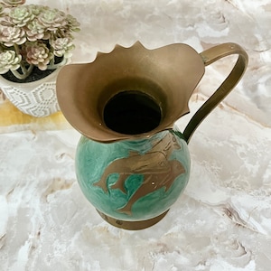 Enamel Brass Pitcher, Dolphins, Vase, Ewer, Artistic, Vintage Home Decor image 3