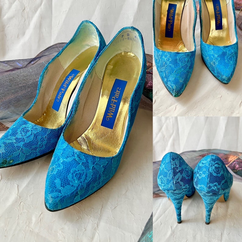 High Heels, Teal Blue Lace Overlay, Stilettos, Pointed Toe Shoes, Rockabilly Pin Up, Punk, Vintage 80s image 7