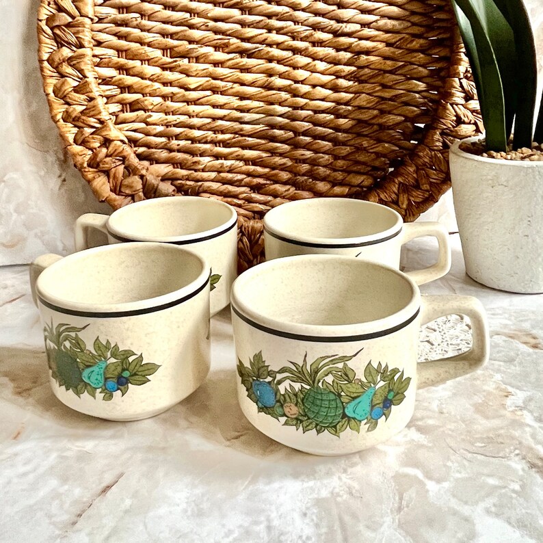 Vintage Stacking Mugs, Coffee Cups, Harvest Fruits, Pineapples, Teal Blue, Set 4, Mid Century 60s 70s image 3