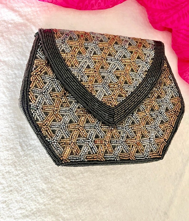 Glitzy Beaded Clutch, Geometric Shape, Black Pewter Bronze, Seed Beads, Cocktail Purse, Optional Strap, Vintage 80s 90s image 9
