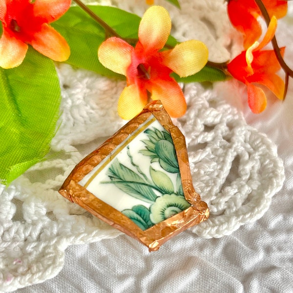 Artisan Statement Brooch, Floral, Broken Porcelain China Dish, Copper, Botanical Pattern, Vintage Jewelry