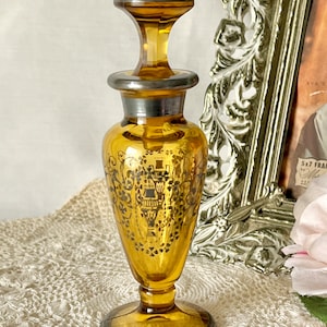 Glass Perfume Bottle, Metallic Trim, Art Nouveau Pattern, Gold Topaz Color, Dresser, Vanity, Mid Century Vintage