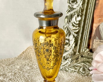 Glass Perfume Bottle, Metallic Trim, Art Nouveau Pattern, Gold Topaz Color, Dresser, Vanity, Mid Century Vintage