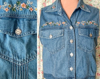 Embroidered Denim Top, Sleeveless, Crop, Floral, Metal Buttons, Vest, Vintage