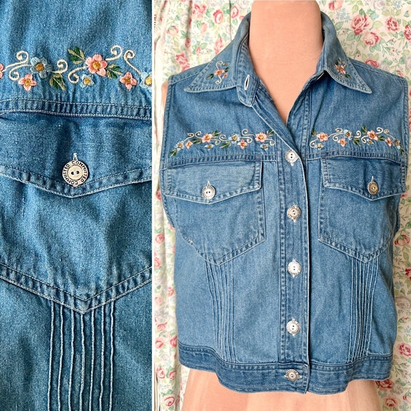 Embroidered Denim Button-Up Cropped Shirt