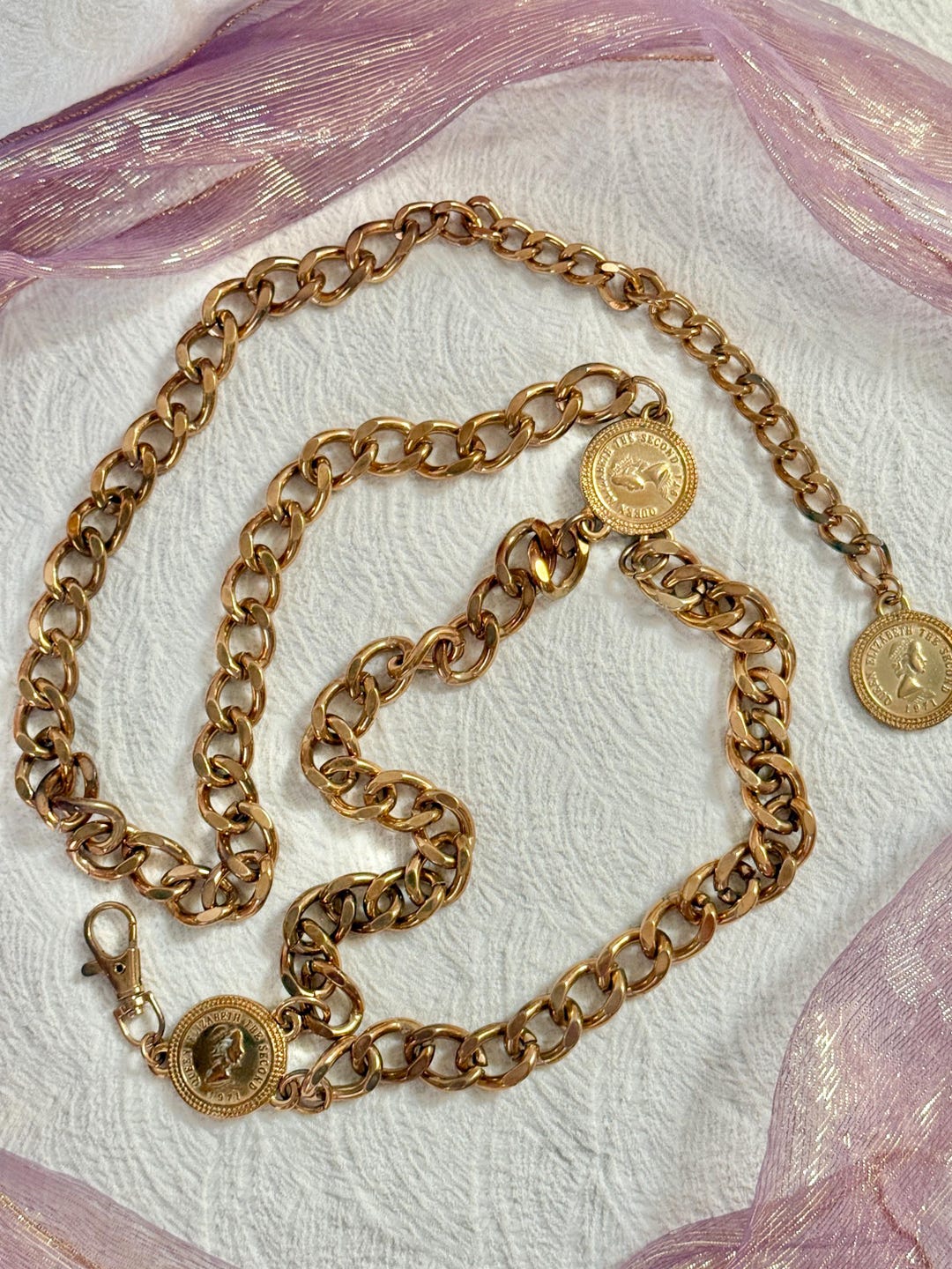 Chunky Chain Belt, Queen Elizabeth II, Coins Medallions, Adjustable Fit ...
