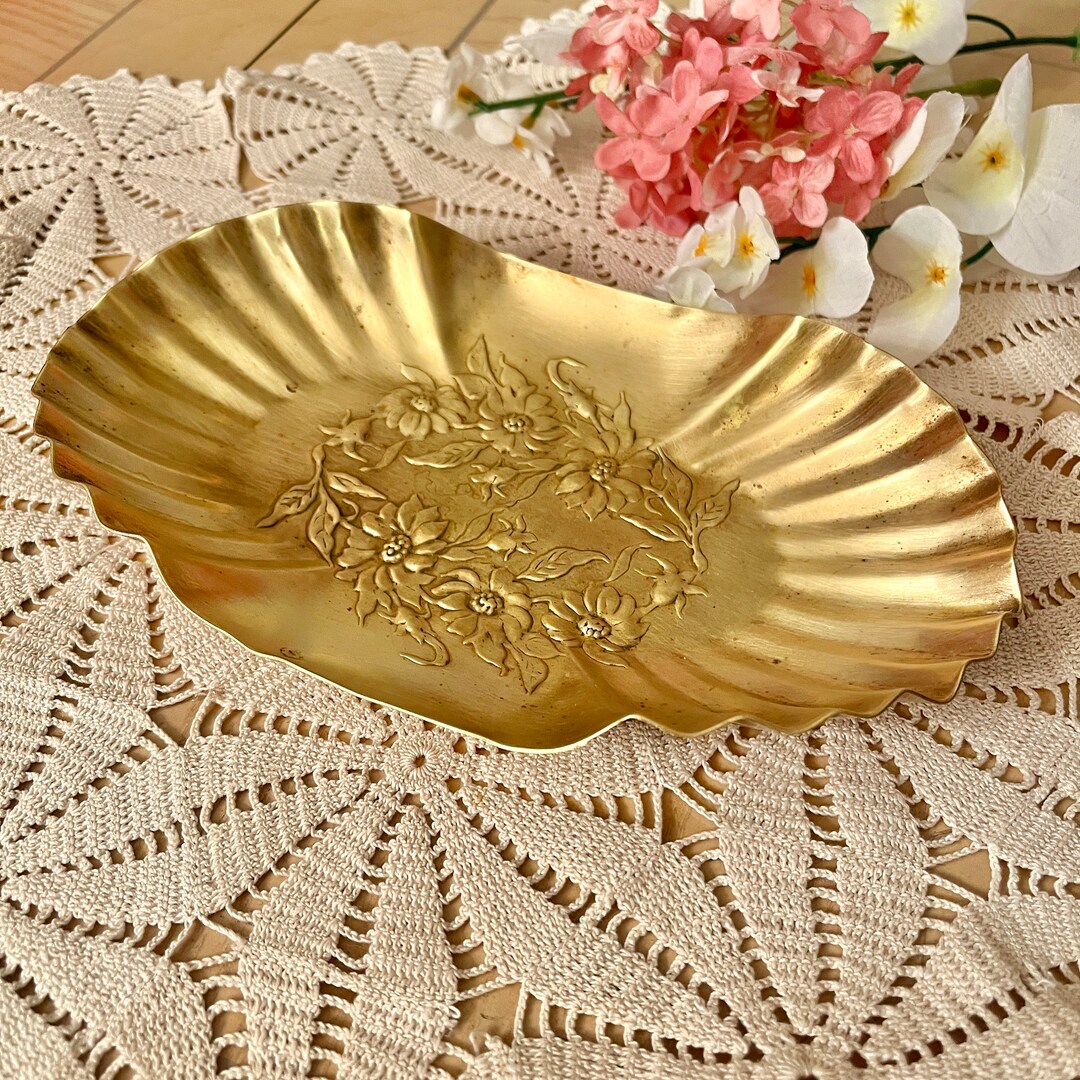Mid Century Dresser Dish, Brass Table Top Decor, Floral Sculptural