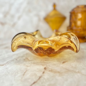 Ruffled Art Glass Bowl, Large, Golden Amber Clear, Bubbles, Murano, Abstract, Blown Glass, Dresser Dish, Ash Tray, Vintage image 5