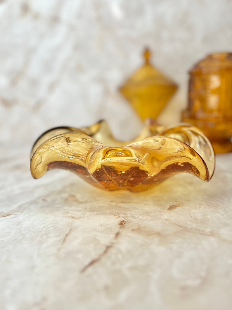 Ruffled Art Glass Bowl, Large, Golden Amber Clear, Bubbles, Murano, Abstract, Blown Glass, Dresser Dish, Ash Tray, Vintage image 5