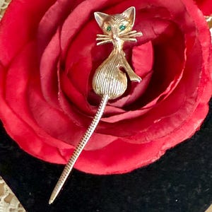 Vintage Kitty Brooch, Kitty Cat, Long Flex Tail, Glass Stone Eyes, Rhinestones, Figural, Sculptural Kitten Pin