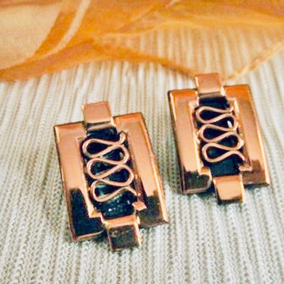 Copper Earrings, Modern Abstract, Art Deco, Clip … - image 2