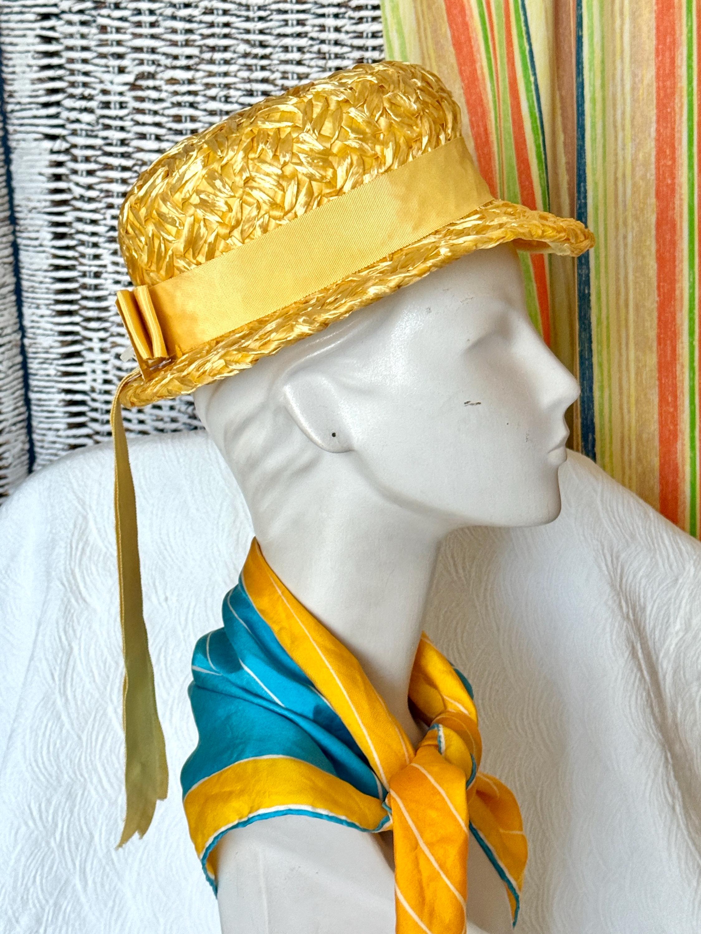 Vintage 1960s Marigold Yellow Woven Straw Breton Hat Oversized Bow Vintage Yellow & White Straw Hat with Flowers, 1960s Mr  main image 3