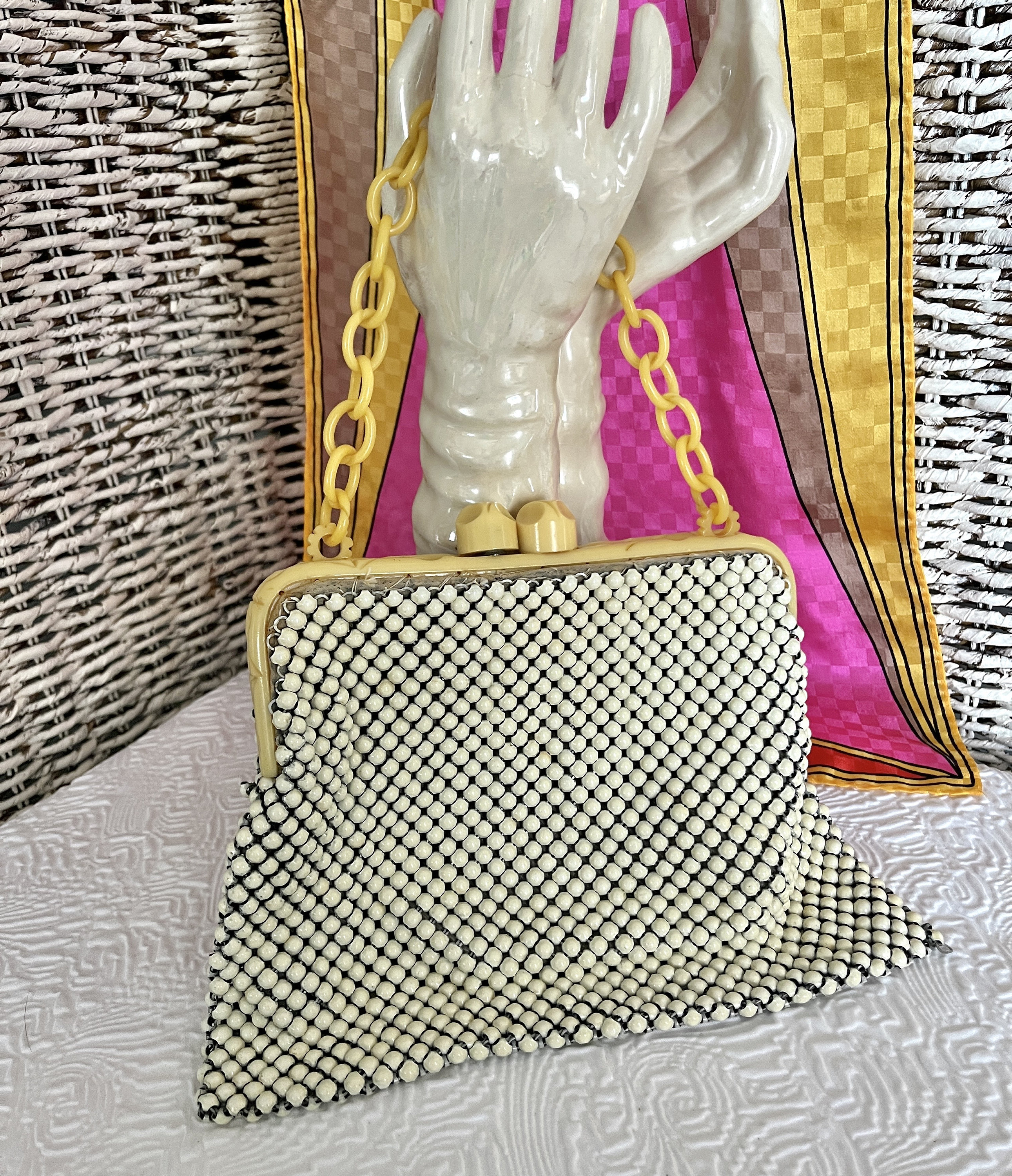 Vintage Whiting & Davis Mesh Purse, Carved Bakelite,chunky Chain